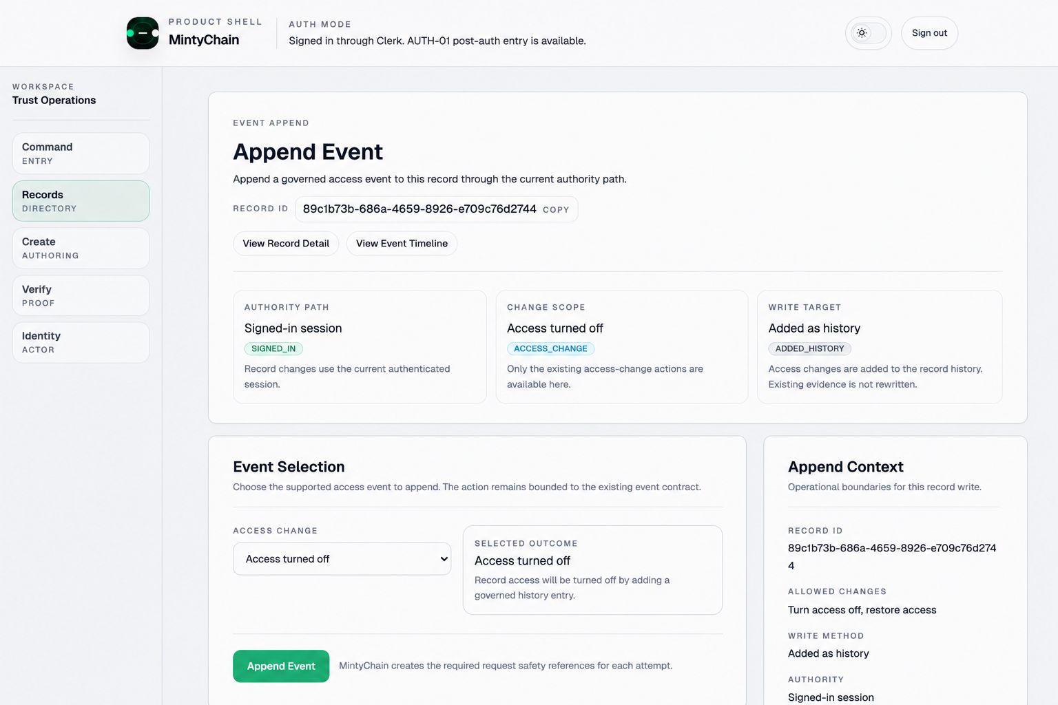 MintyChain governed append flow