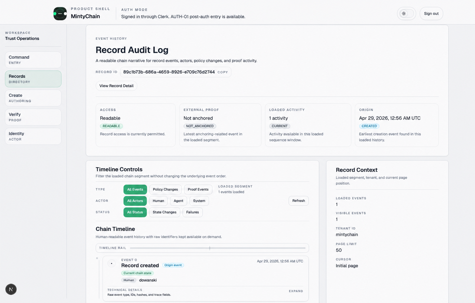 MintyChain audit log
