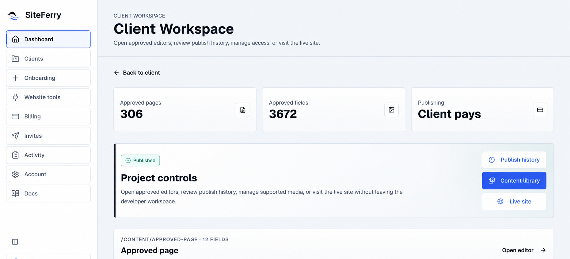 An anonymized SiteFerry production workspace
