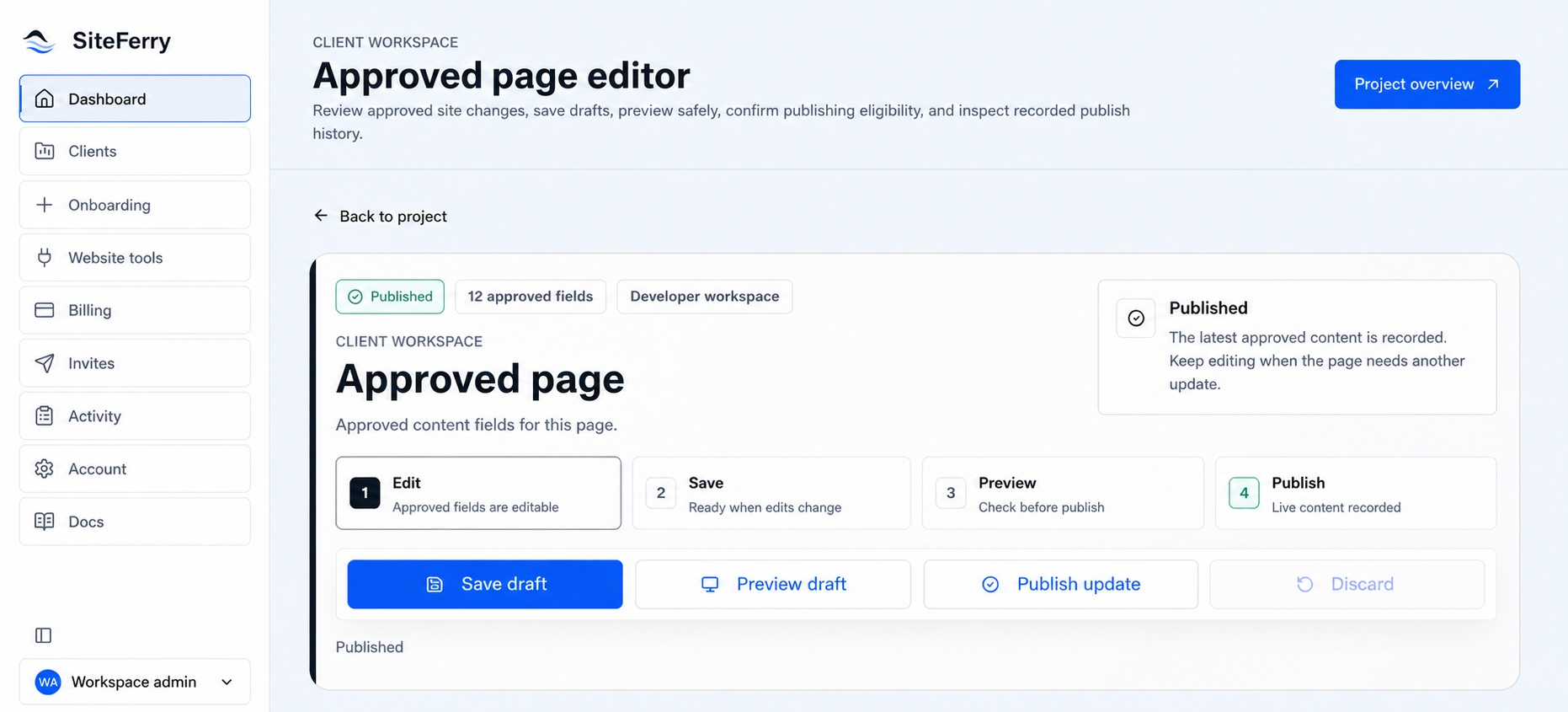 An anonymized SiteFerry page editor